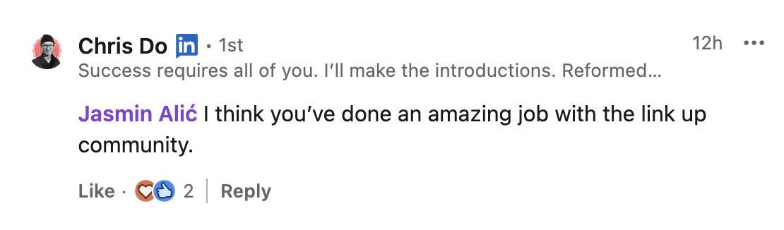 A LinkedIn comment thread featuring Chris Do and Jasmin Alíc, with the comment body visible and engagement icons showing two reactions.