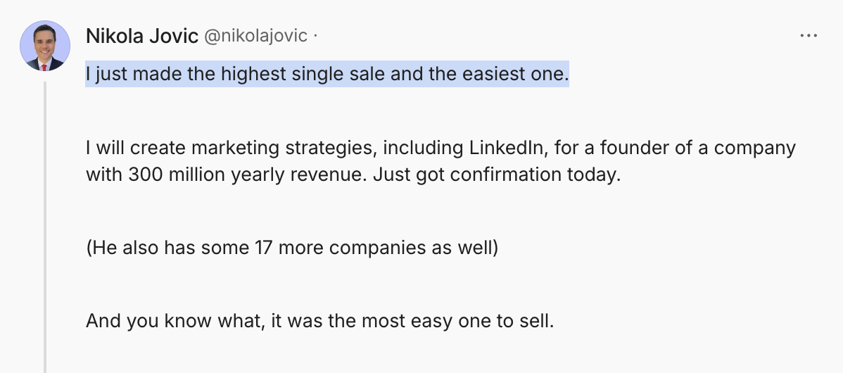 Screenshot of a tweet from Nikola Jovic expressing pride in making a high-value sale, with additional commentary about creating marketing strategies and company achievements.