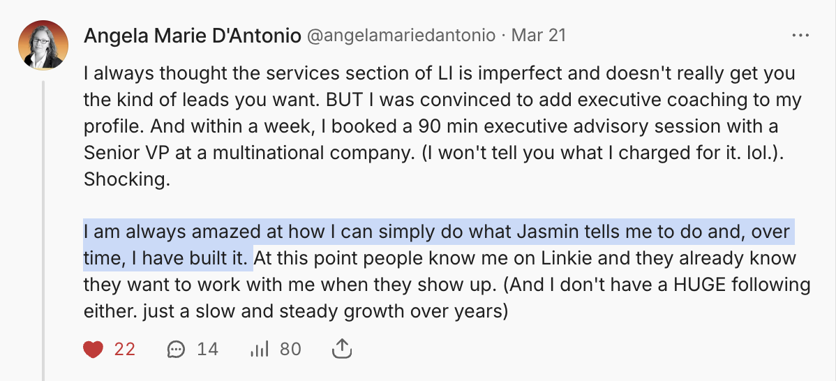 Screenshot of a social media post by Angela Marie D'Antonio discussing her experience with coaching and building her profile, highlighting she can do what Jasmine advises over time, with 22 likes, 14 comments, and 80 shares.