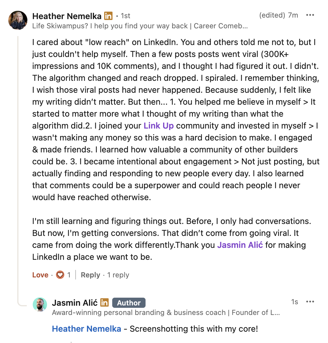 Screenshot of a LinkedIn post where Heather Nemelka shares her experience with LinkedIn's algorithm and community building, mentioning her efforts to increase engagement and her gratitude towards Jasmin Alić.
