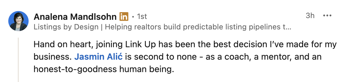 Screenshot of a LinkedIn post by Analena Mandlsohn highlighting her endorsement of Jasmin Alic.