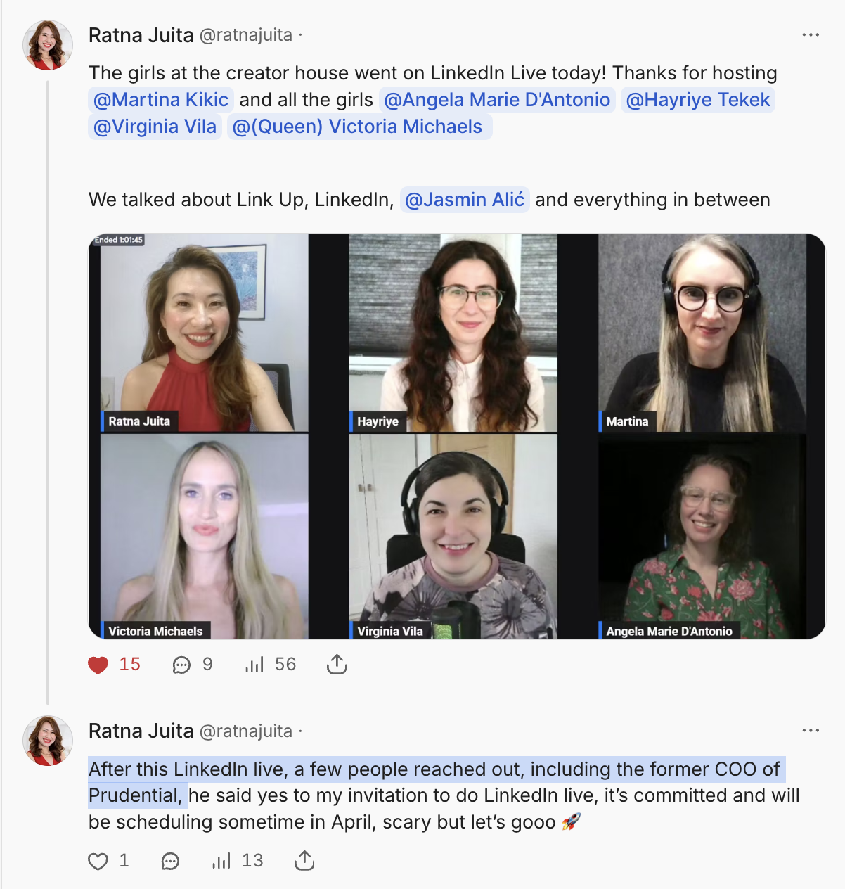 A screenshot of a LinkedIn post showing a video call of six women, each in their own video window, with their names labeled at the bottom left of each window. The women are smiling and appear to be engaged in a virtual meeting or event.