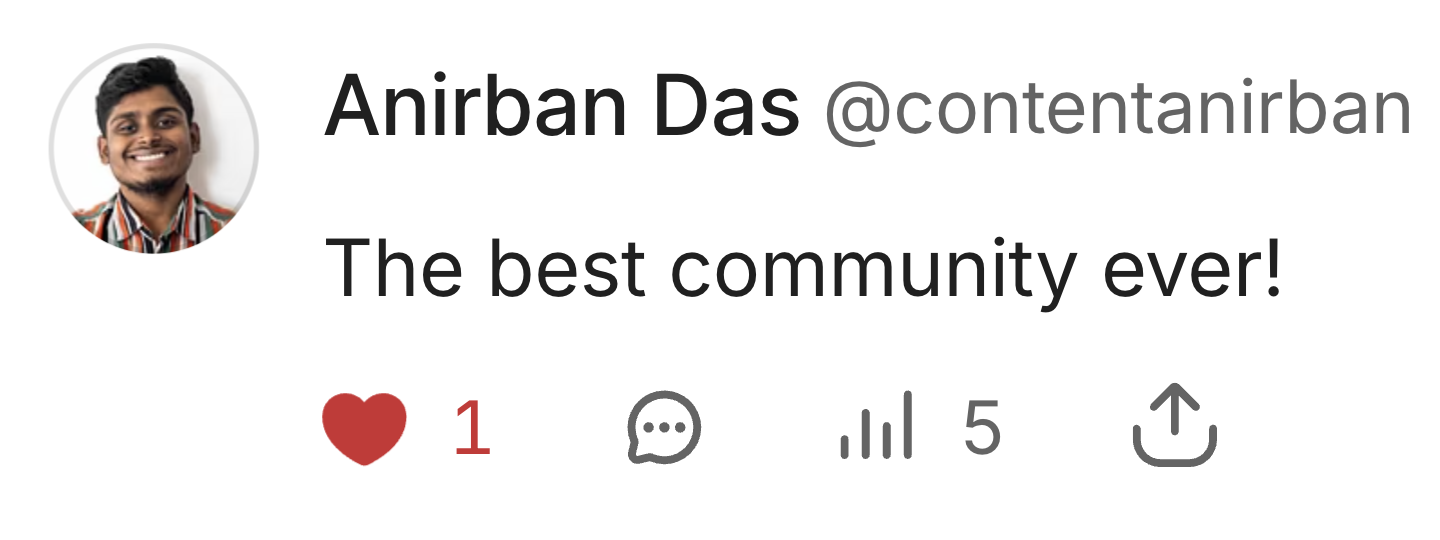 Social media profile of Anirban Das with profile picture, username @contanirban, and text "The best community ever!" with icons for likes, comments, and shares.