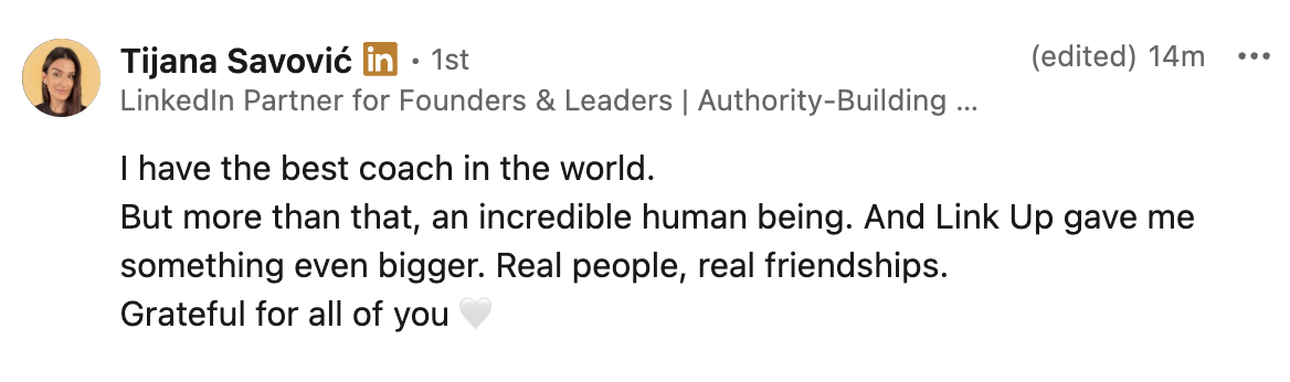 Screenshot of a LinkedIn profile for Tijana Savović showing her profile picture, name, professional title, and a post expressing gratitude and admiration for her human coach and friendships.