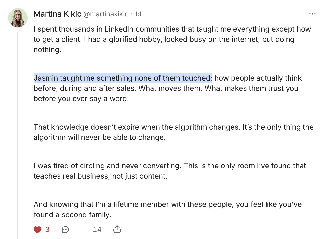 Screenshot of a social media post with text discussing the value of knowledge and trust gained through LinkedIn communities, emphasizing a person's experience with learning from Jasmine.