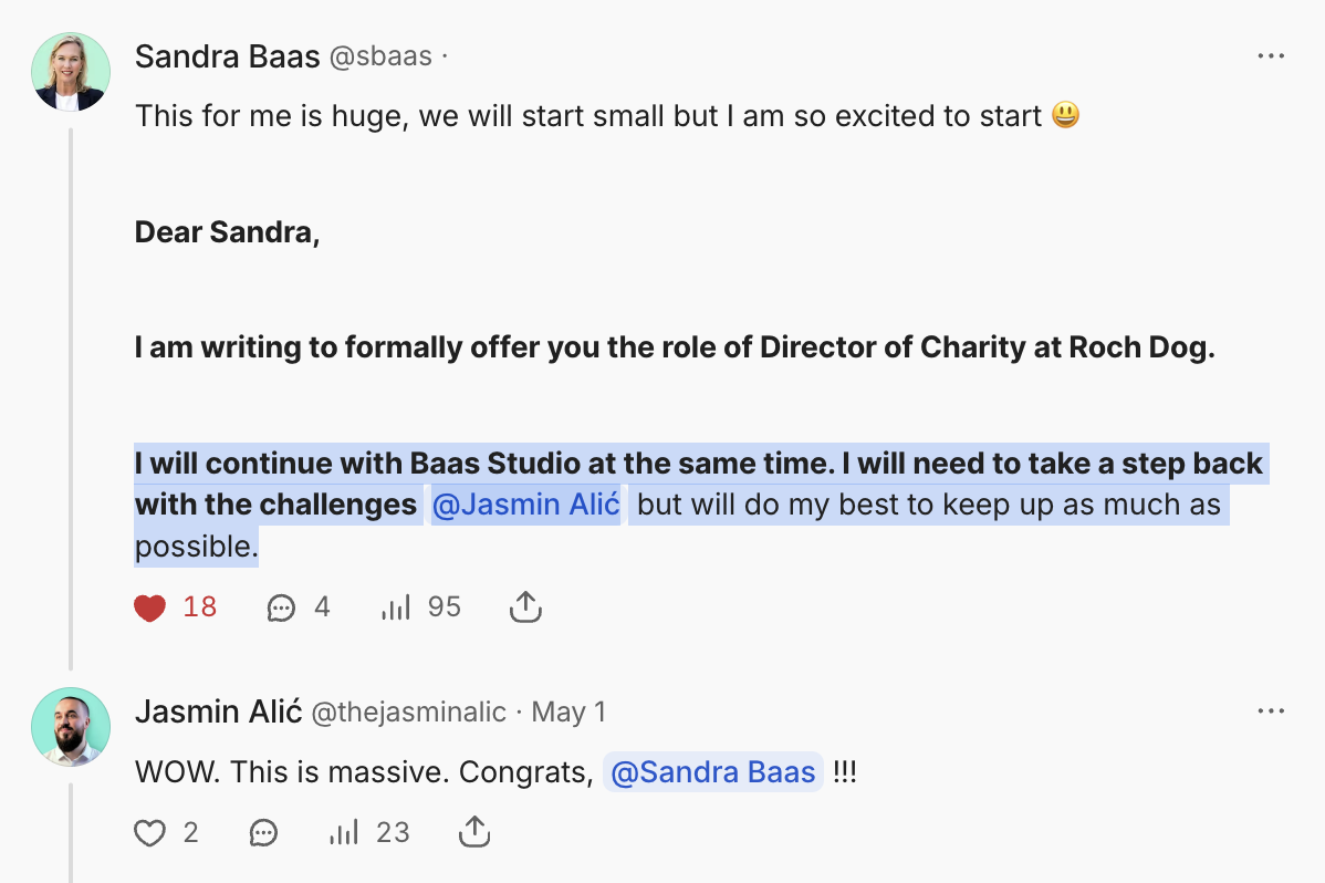 Screenshot of two social media posts about a professional achievement. The first post from Sandra Baas expresses excitement about starting a new role and mentions continuing with Baas Studio. The second post from Jasmin Alić congratulates Sandra Baas