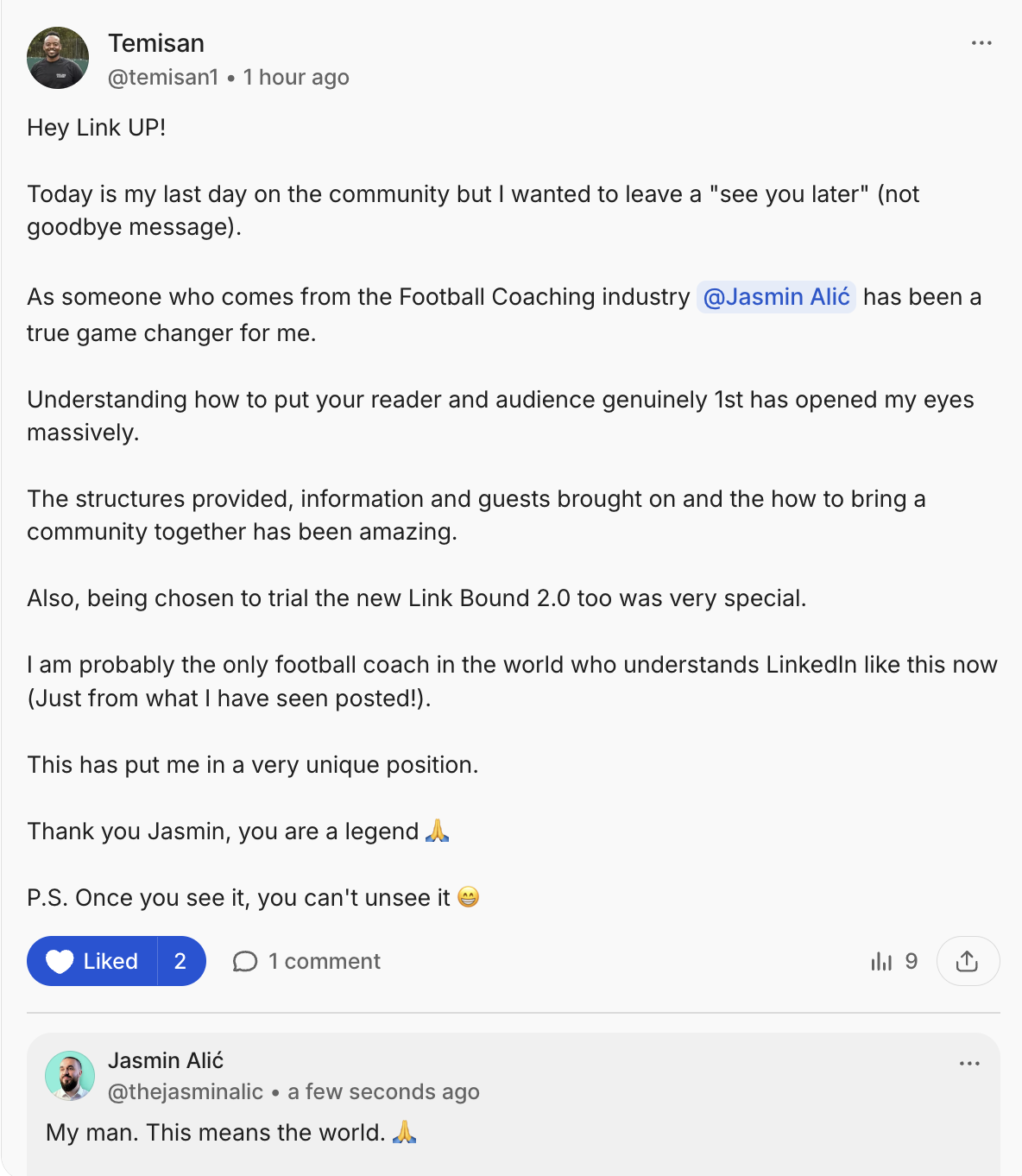 Screenshot of a social media post by Temisan expressing gratitude to Jasmin Alić for positive impact in the football coaching industry, mentioning LinkedIn and his appreciation for Jasmin, with a reply from Jasmin confirming the statement.