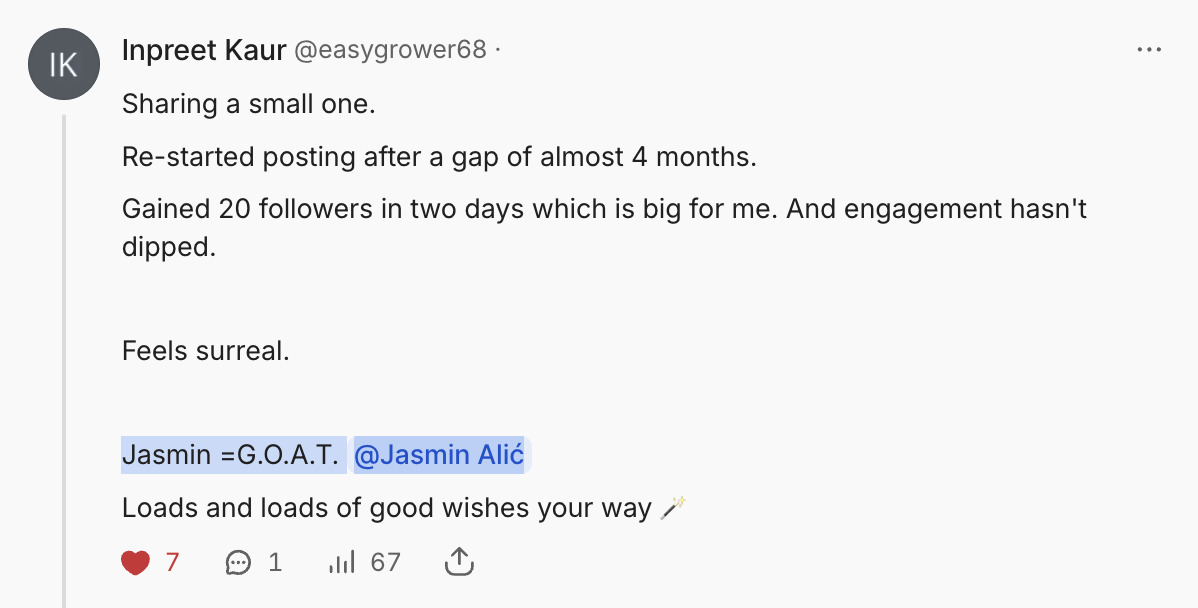 A screenshot of a social media post sharing appreciation for someone named Jasmin, with the username @Jasmin Alic, and positive wishes.