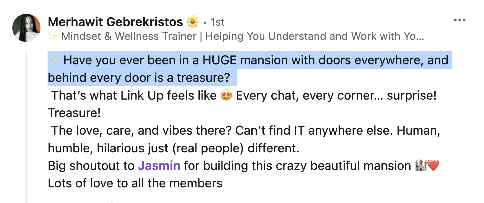 Screenshot of a social media post by Merhawit Gebrekristos, a mindset and wellness trainer, featuring a question about being in a large mansion with many doors and secret spaces.