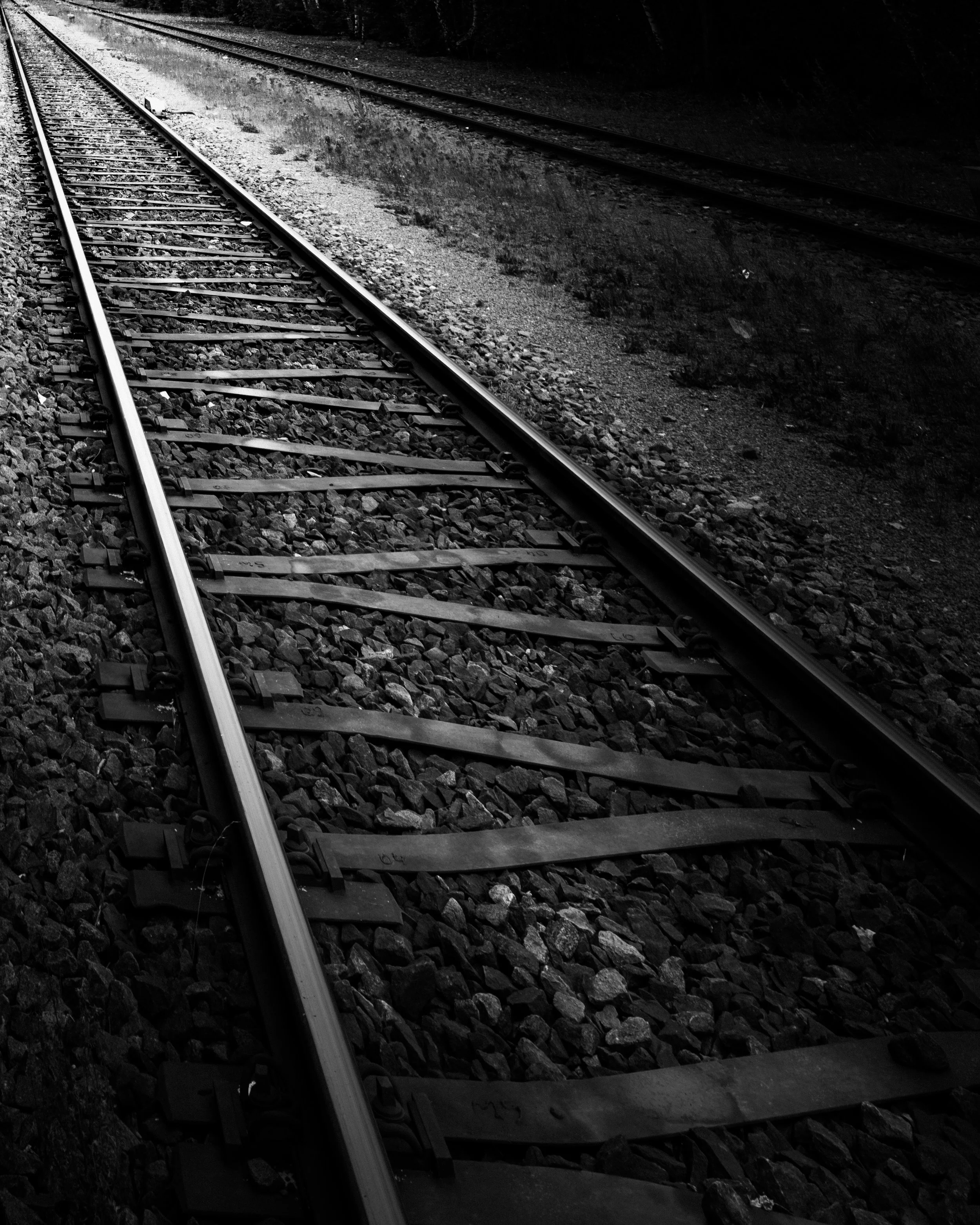 Schwarz-weiß-Foto von Eisenbahn-Schienen, die im letzten Licht der Dämmerung verlaufen, mit Steinen und Erde um die Schienen herum.