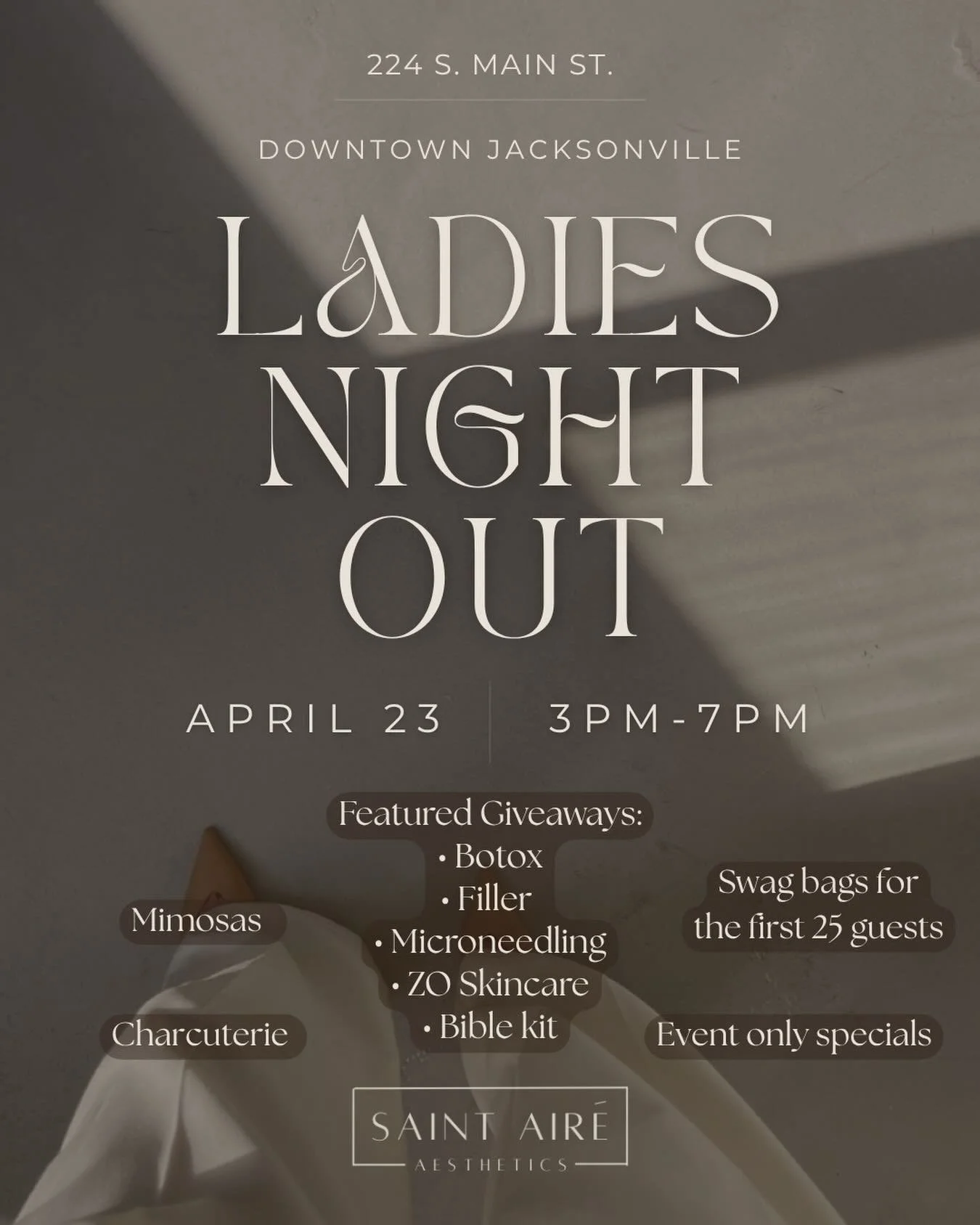 ✨ Ladies Night Out 🥂

Join us April 23rd | 3-7pm 
&bull; Giveaways (over $1300 worth 👀)
&bull; Mimosas &amp; charcuterie 
&bull; Swag bags for the first 25 guests
&bull; Event only specials

Here&rsquo;s your chance to tour the clinic, meet your pr