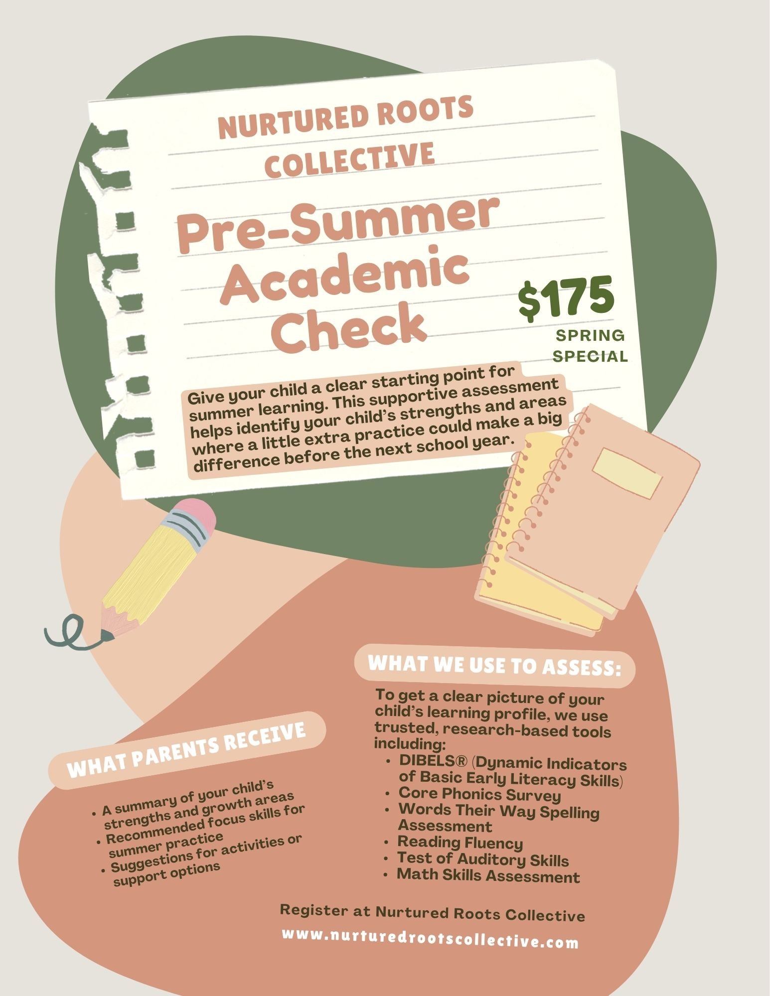 Flyer for Nurtured Roots Collective offering Pre-Summer Academic Check for children, priced at $175, with information on assessments and benefits for parents.
