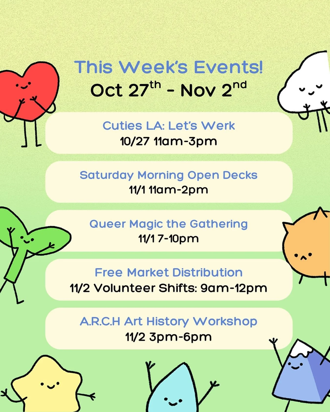 WEEKLY BULLETIN 📌 10/20 - 10/26
Happy Halloween 🎃 Join us for the following events at Here Clubhouse this week:
-Monday (10/27) Cuties Let&rsquo;s Werk Co-Working
-Saturday (11/1) Saturday Morning Open Decks
-Saturday (11/1) Queer MTG
-Sunday (11/2