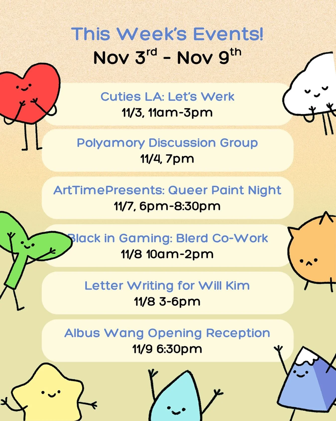 WEEKLY BULLETIN 📌 11/3 - 11/9
Join us for the following events at Here Clubhouse this week:
-Monday (11/3) Cuties Let&rsquo;s Werk Co-Working
-Friday (11/7) Queer Paint Night with @arttimepresents
-Saturday (11/8) Blerd Co-Work with @blackingaming
-