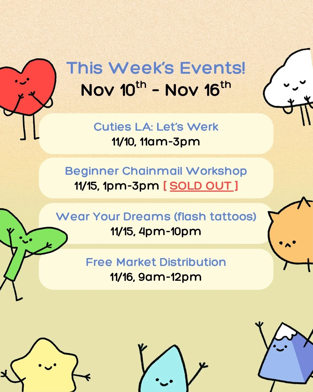 WEEKLY BULLETIN 📌 11/10 - 11/16
Join us for the following events at Here Clubhouse this week:
-Monday (11/10) Let&rsquo;s Werk Co-Working with @cutiesla 
-Saturday (11/15) Beginner Chainmail Workshop with @littledaisieschains [SOLD OUT]
-Saturday (1