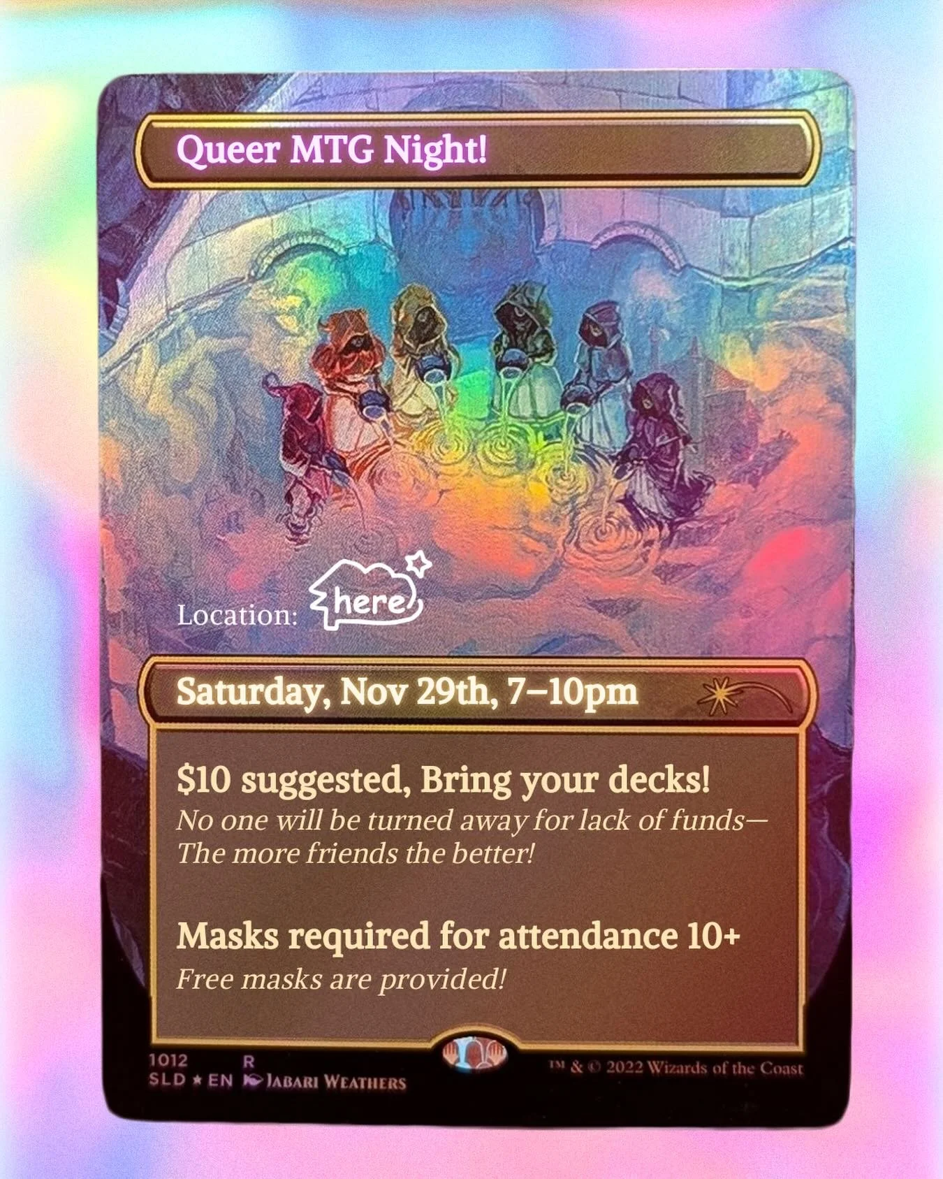 Command the Clubhouse! ✨ Join us Saturday night (Nov 29) to play Magic the Gathering with your fellow queers 🌈

Bring your commanders, or if you don&rsquo;t have a deck, borrow one of ours and play!

Suggested donation of $10. Snacks and drinks will