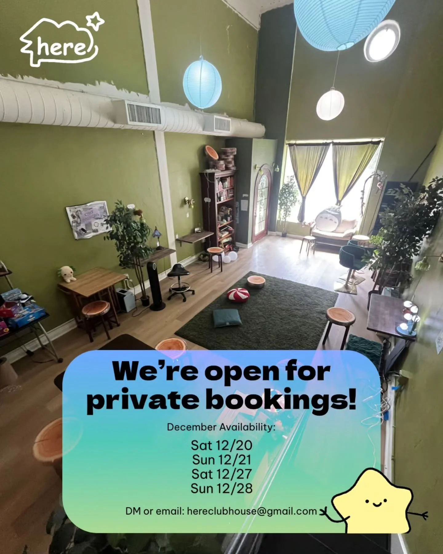 Host your winter holiday event at a cozy magical space ✨ Our cloud room and forest room are available for booking for the next two weekends in December.

DM or email us for more details!