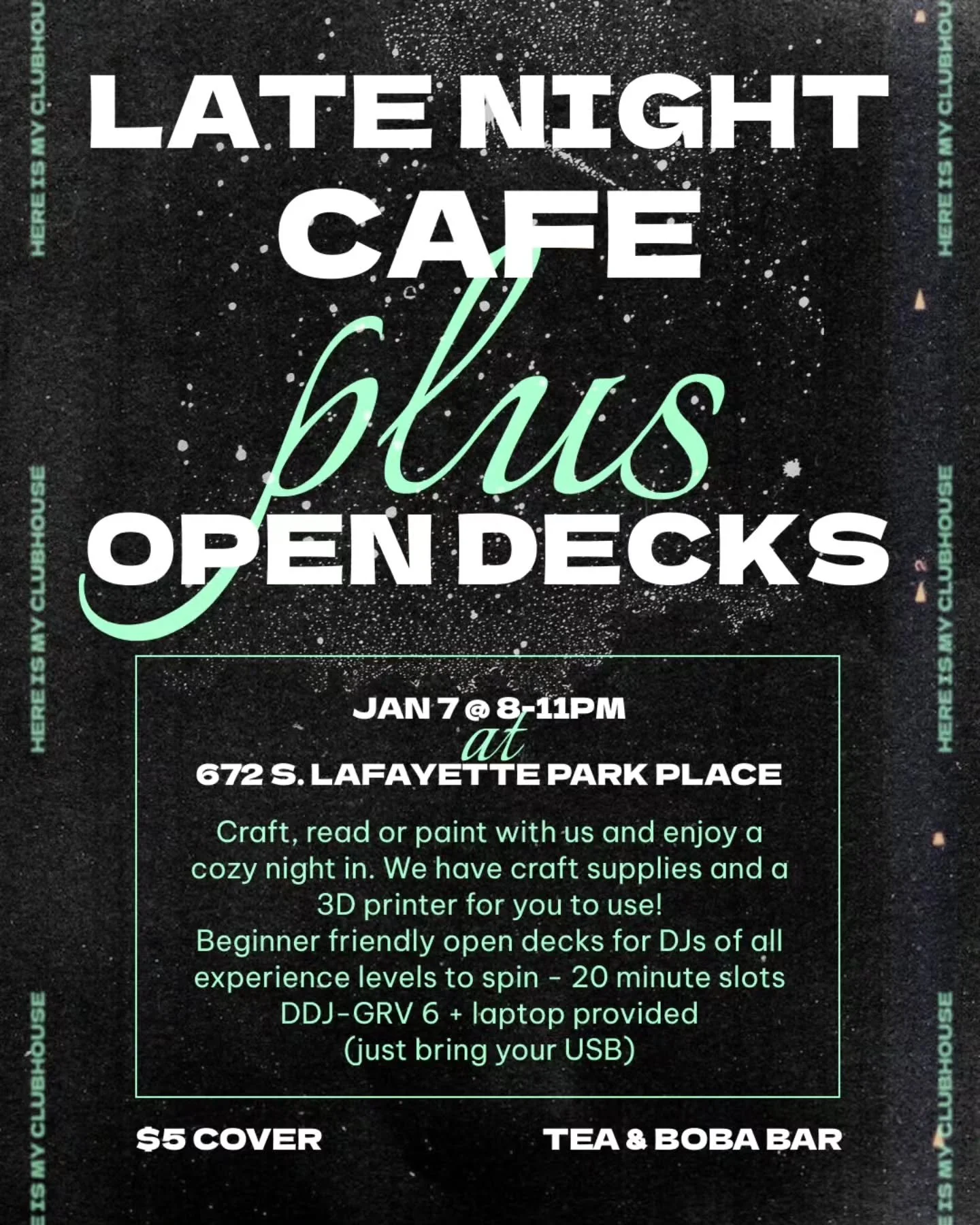 THIS WEDNESDAY! Open decks sign up starts at 7:45pm that day. We also have a clothing swap happening at the same time. Come spend a cozy night reading and crafting while sipping on boba or hot tea.

Jan 7 8-11pm @ 672 S. Lafayette Park Pl, Los Angele