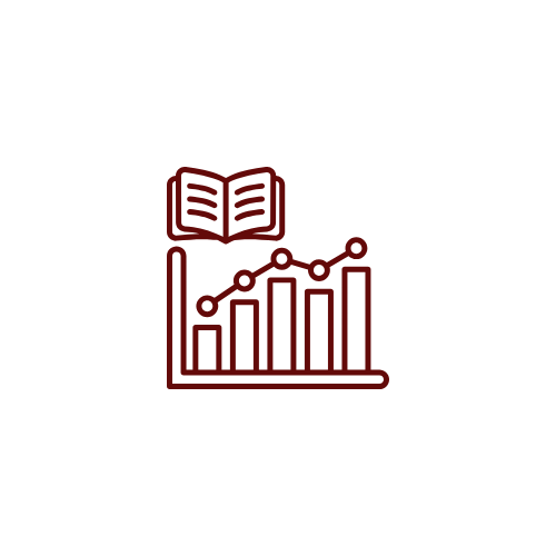 Icon of an open book above a bar chart with a line graph.