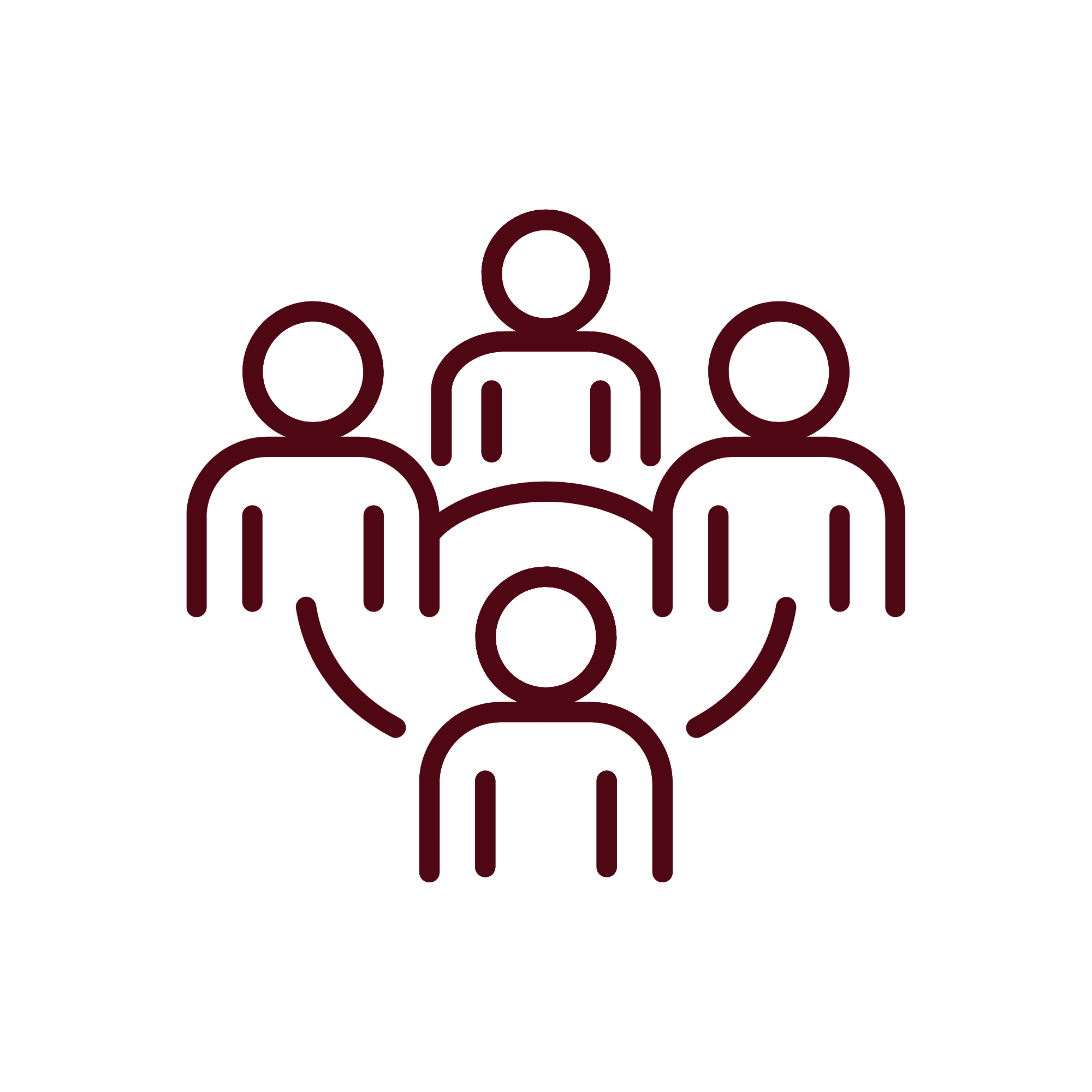 Outline drawing of five people connected in a circle, representing teamwork or collaboration.