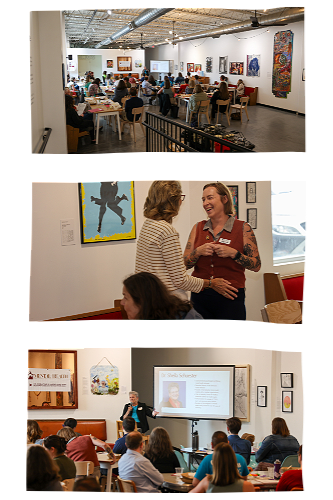Collage of three photos of community meetings and presentations