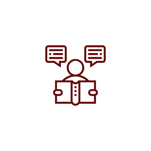 Icon of a person with speech bubbles and holding a book, representing communication and learning.