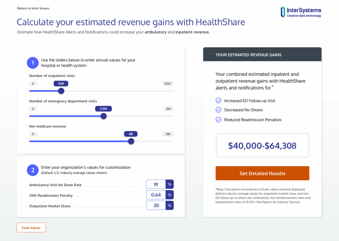 ROI calculator user interface with draggable counters and input fields, with instant results shown on the right - featured in the light version here.