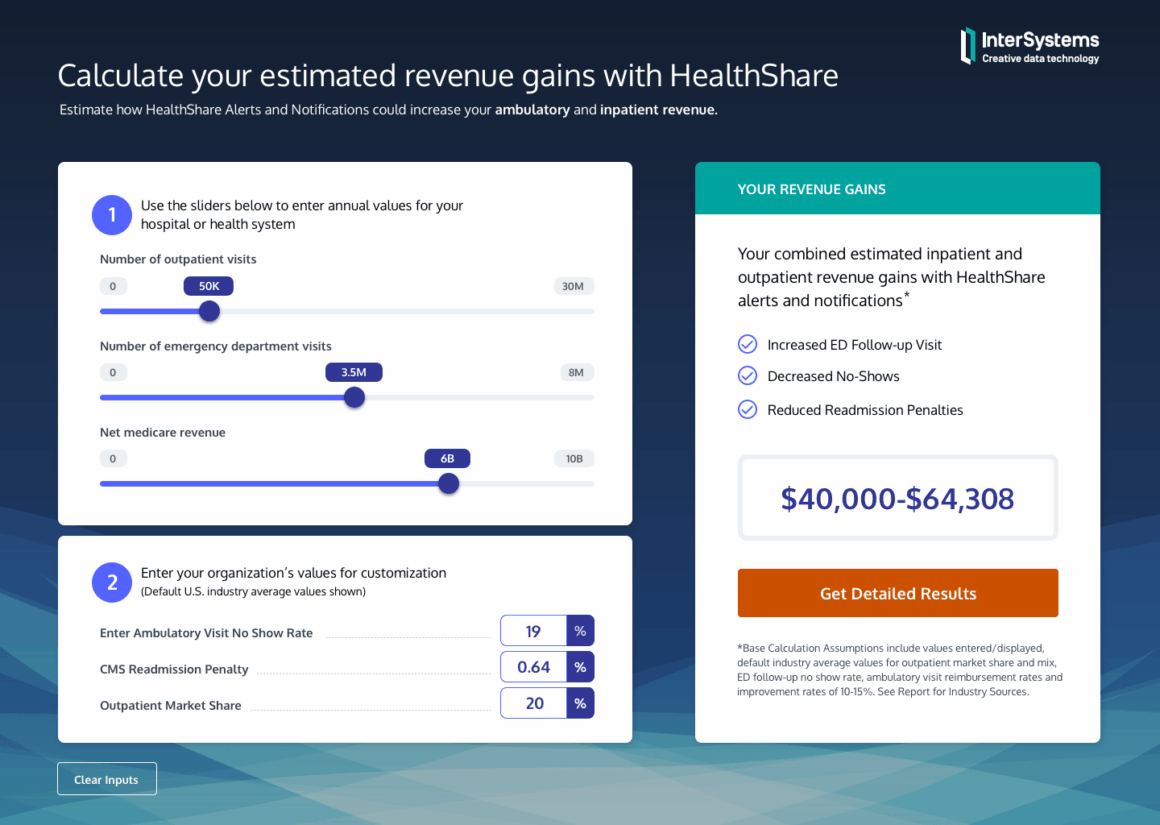 ROI calculator user interface with draggable counters and input fields, with instant results shown on the right - featured in the dark version here.