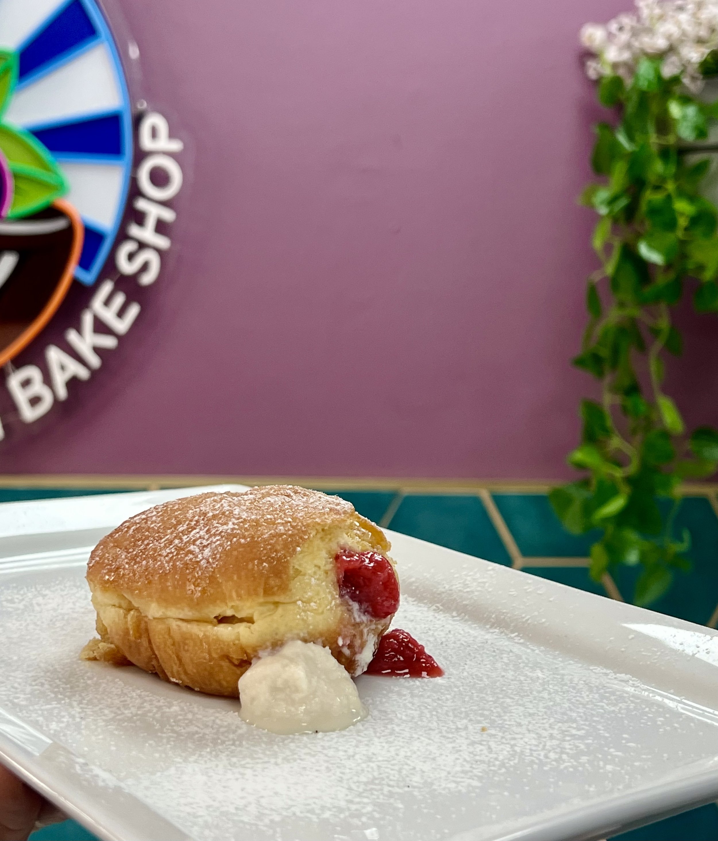 Powdered sugar-dusted pastry filled with red jam and cream on a white plate; bakery sign and plant in background.
