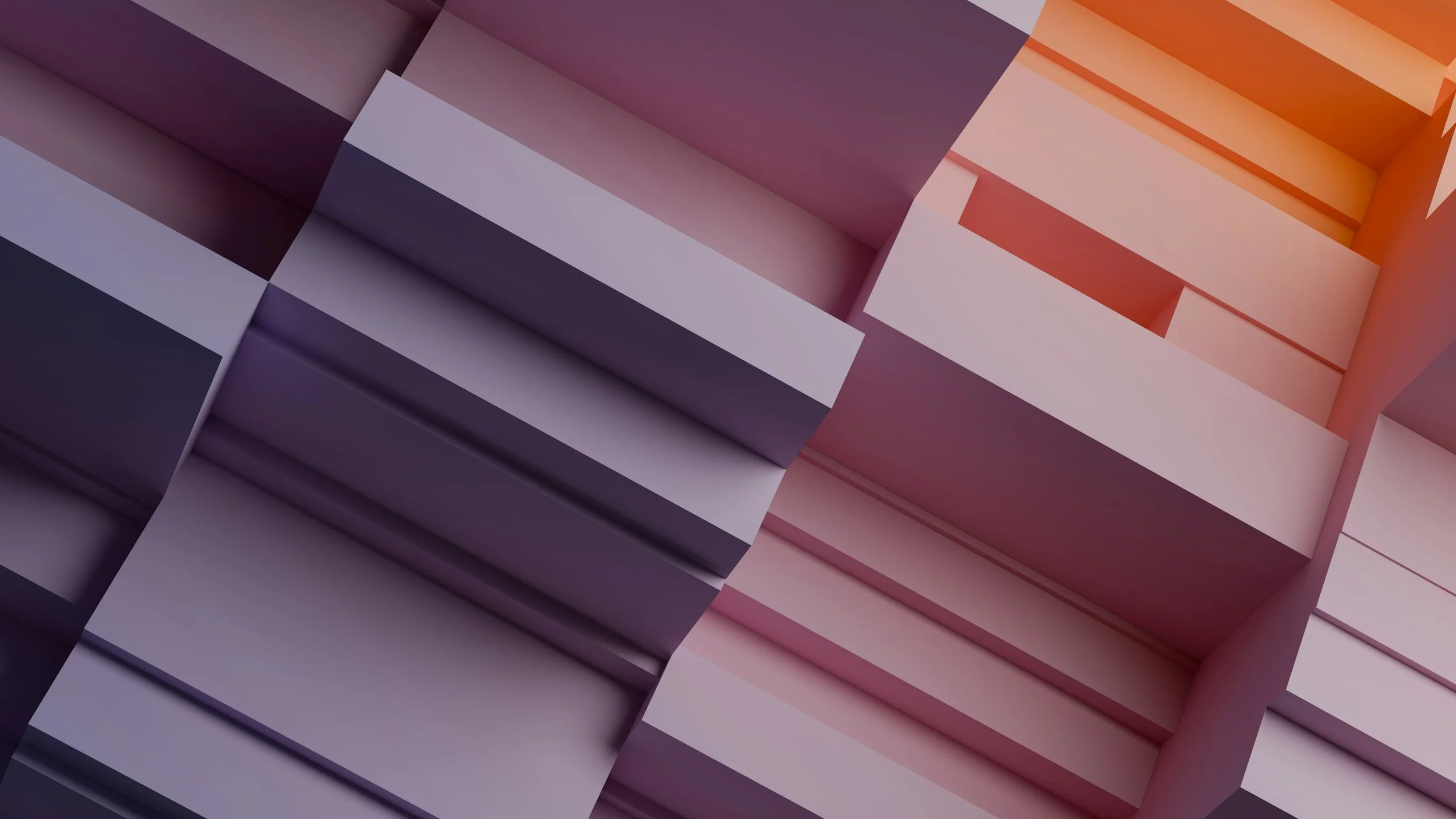 Abstract geometric pattern with overlapping 3D rectangular shapes in shades of purple and orange.