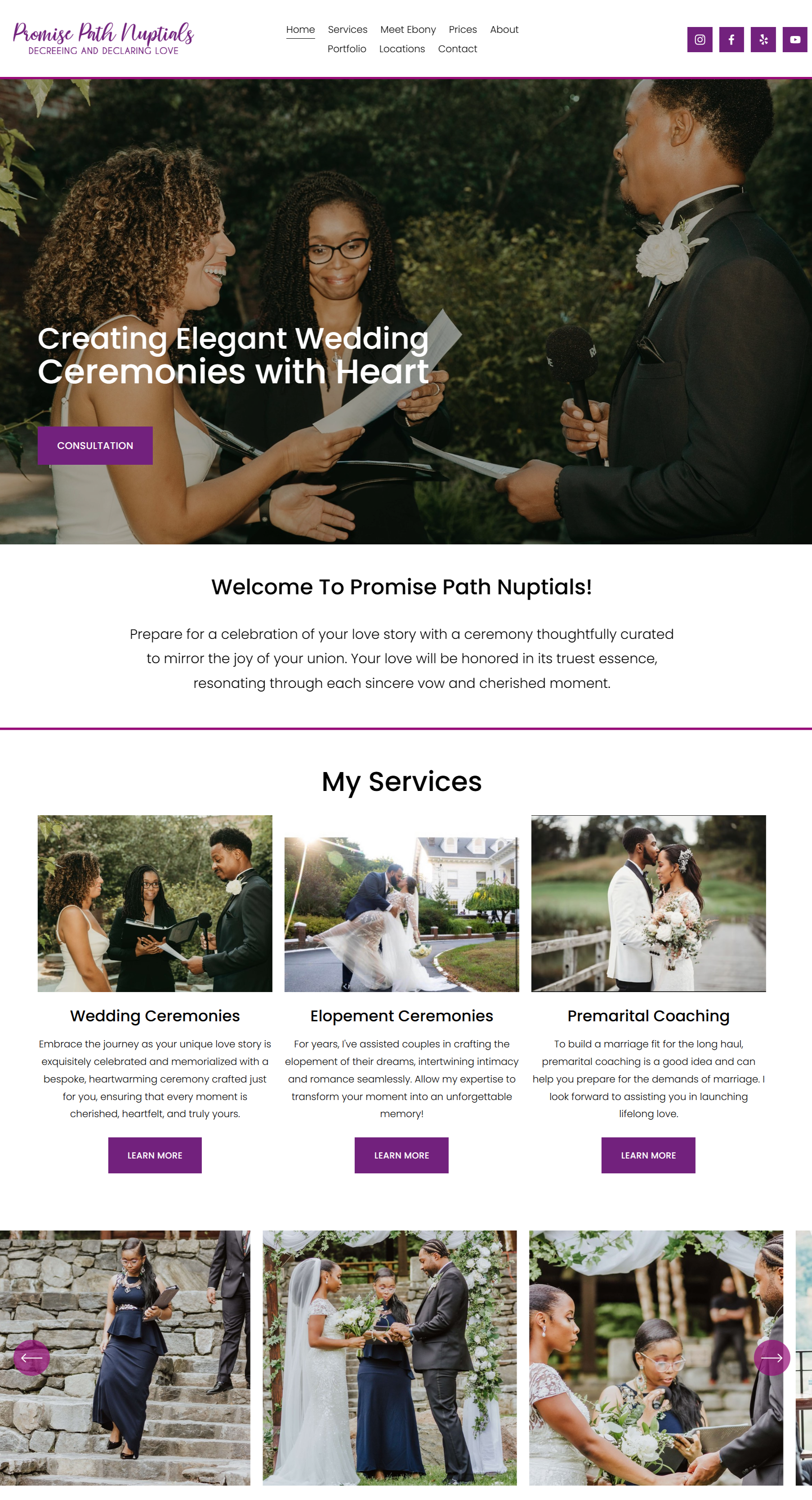 Website homepage for Promise Path Nuptials featuring a banner image of a wedding ceremony with a bride, groom, and officiant outdoors. The page highlights wedding, elopement, and premarital coaching services with images of couples at weddings.