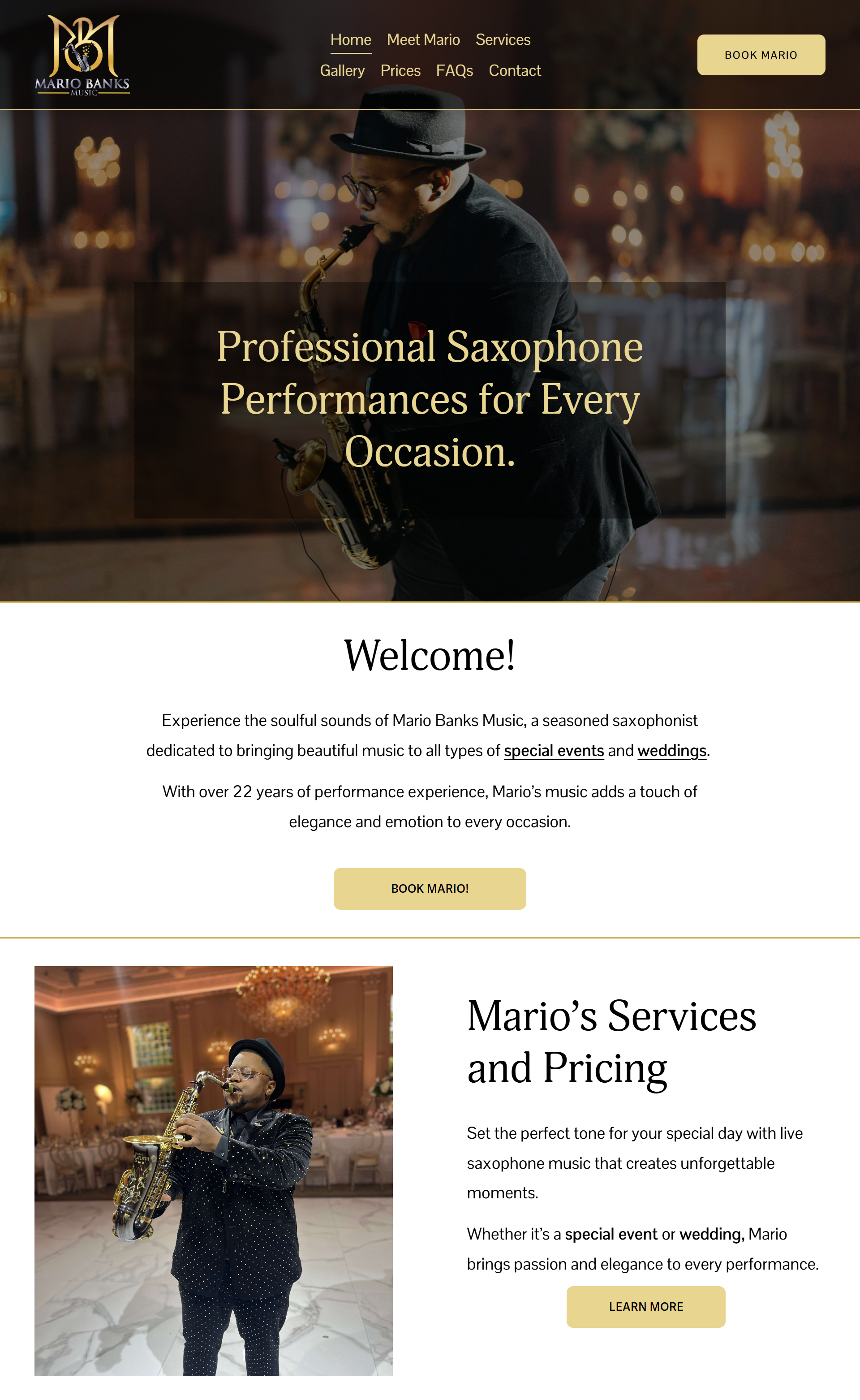 Homepage of Mario Banks Music website featuring a saxophonist performing at an event, with menu options for Home, Meet Mario, Services, Gallery, Prices, FAQs, Contact, and buttons for booking Mario and learning more about his services.