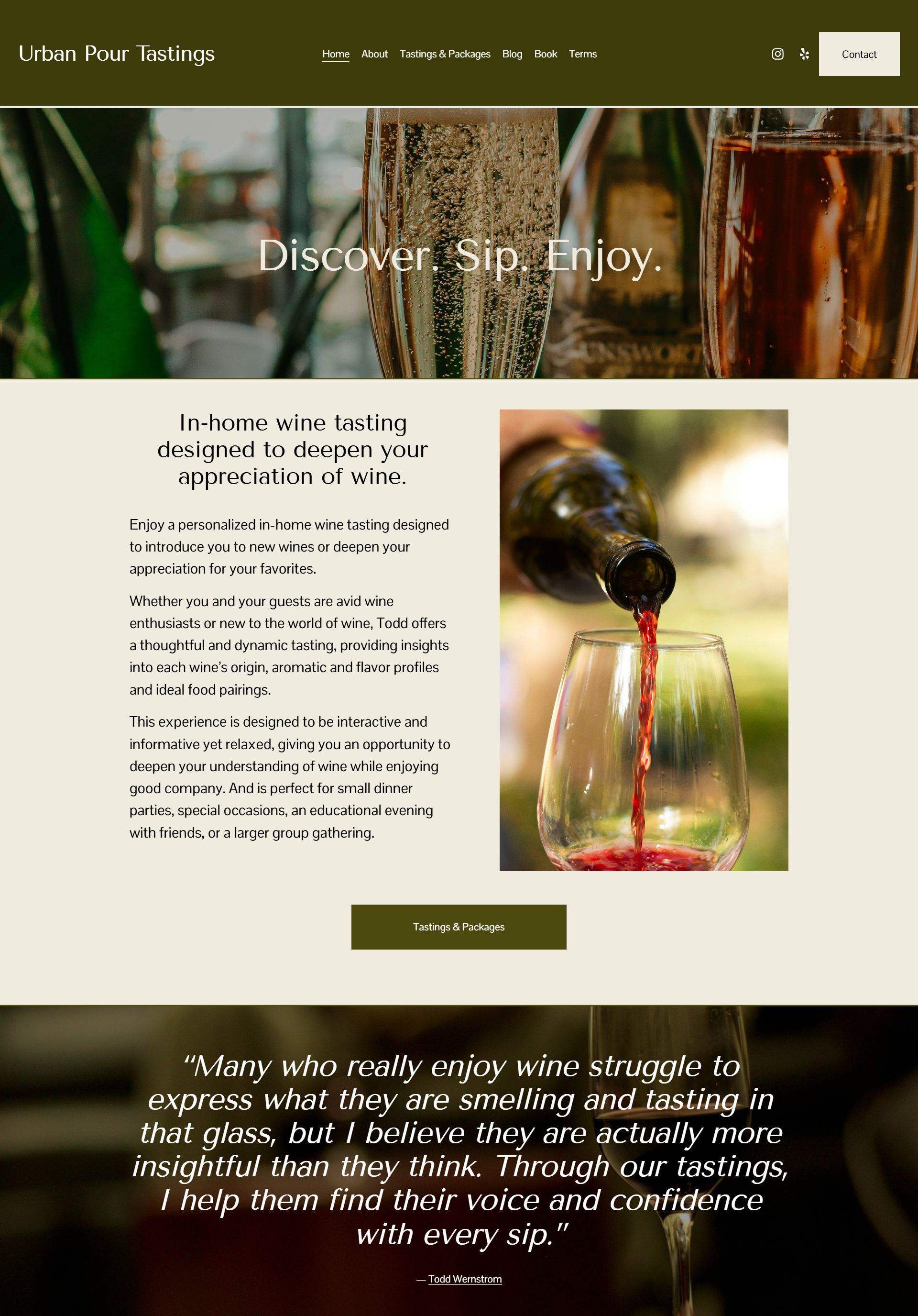 Website homepage for Urban Pour Tastings, featuring a header with logo, navigation menu, and contact button. Main banner with an image of a wine glass and a close-up of sparkling wine with bubbles. Below, text describing in-home wine tasting experiences, accompanied by a photo of a hand pouring red wine into a glass. Section includes a quote about wine tasting by Todd Wernstrom and a tasting packages button.