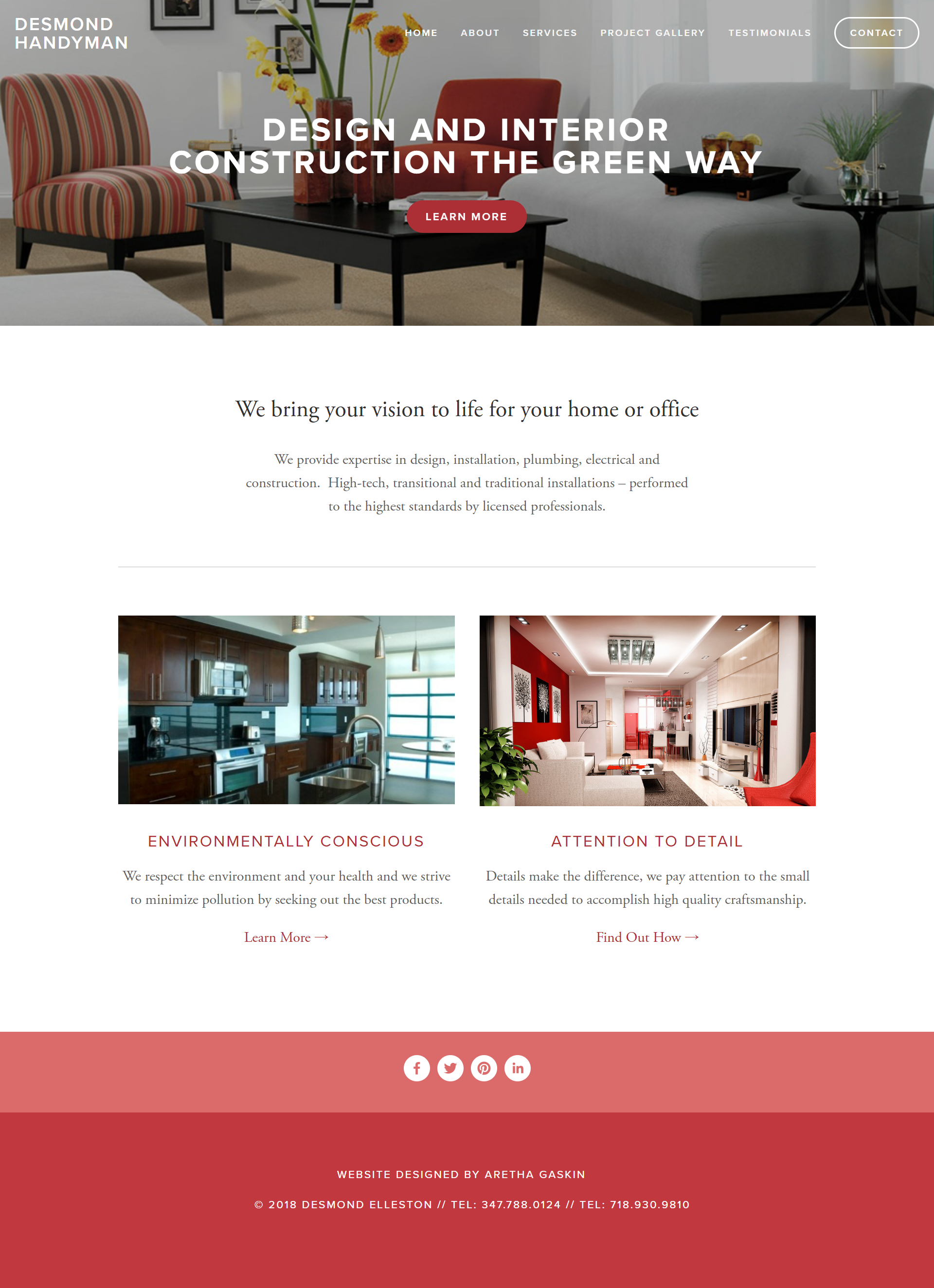 Screenshot of Desmond Handyman's website homepage featuring a modern living room with a white sofa, black coffee table, armchair with striped fabric, plants, and artwork. Navigation menu includes Home, About, Services, Project Gallery, Testimonials, and Contact. Headline reads 'Design and Interior Construction the Green Way' with a red 'Learn More' button. Two sections showcasing environmentally conscious and detail-oriented interior design with images of a kitchen and a living room.