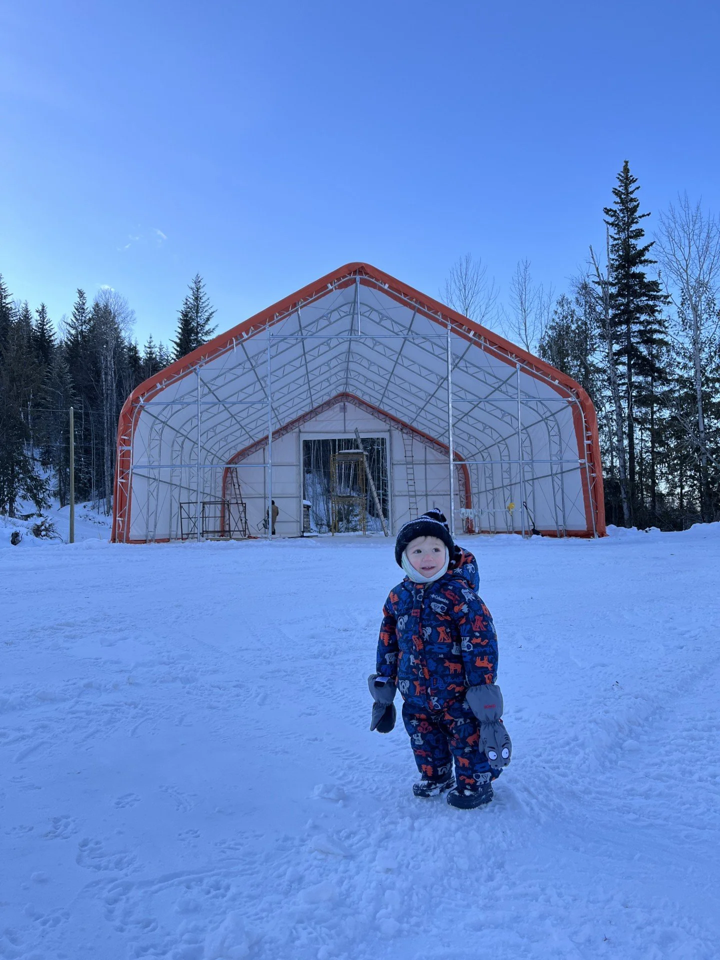 Child in winter clothing standing on snow in front of a large, partially constructed steel frame coveral building with trees in the background.