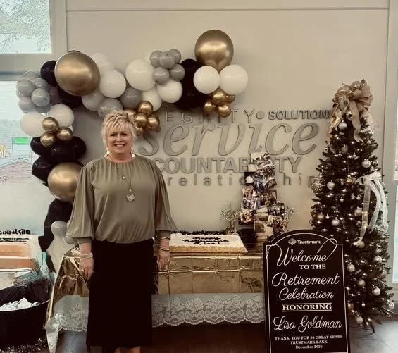 Congratulations to my friend Lisa Goldman, she is retiring after 39 years from Trustmark Bank. We wish Sam all the luck in the world, she is all yours now!!