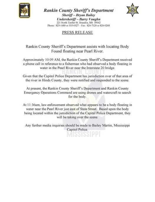 Body Found Near Pearl River in Jackson, Mississippi