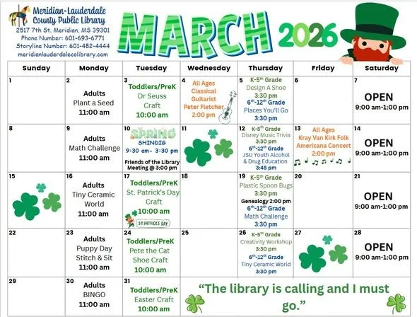 Mark your calanders to visit Meridian Lauderdale County Public Library in March!