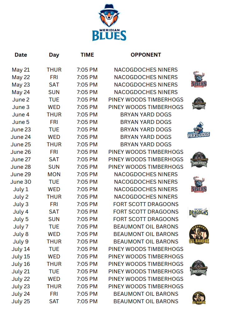 MERIDIAN, MS — The Meridian Blues are excited to officially announce the 2026 Mid America League schedule,