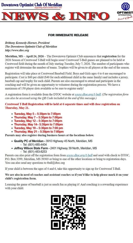 Downtown Optimist Club of Meridian announces Crestwood T-ball registration