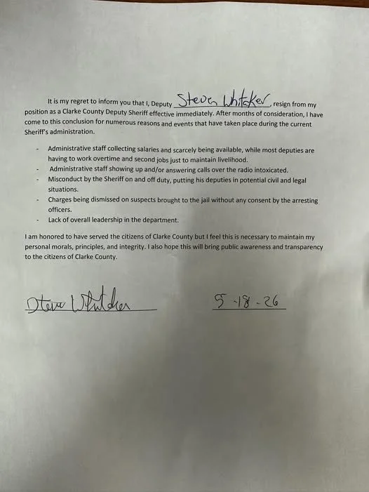 Steven Whitaker, a former Deputy with Clarke County Sheriff’s Department has submitted this letter to the Scotty Ray Report listing the reason he resigned from his position