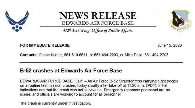 Edwards Air Force Base releases statement on B-52 crash that claims 8 lives.