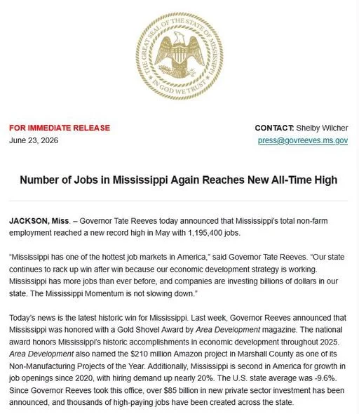 New All time high for jobs in Mississippi