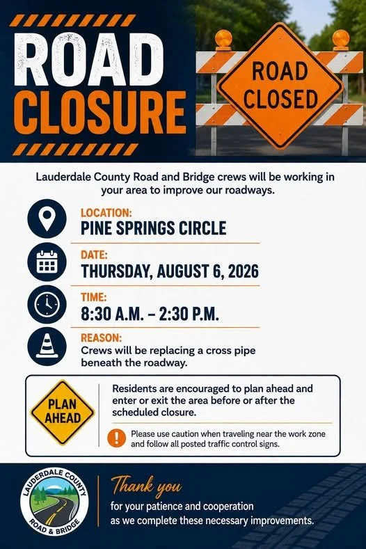 Lauderdale County Road &amp; Bridge Road Closure