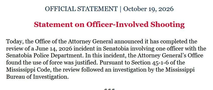 Mississippi Attorney General Finds Use of Force Justified in Senatobia Officer-Involved Shooting