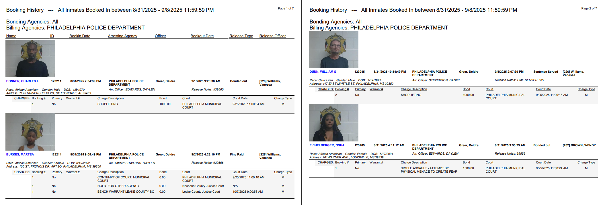 Philadelphia Arrest Report 9-8-25