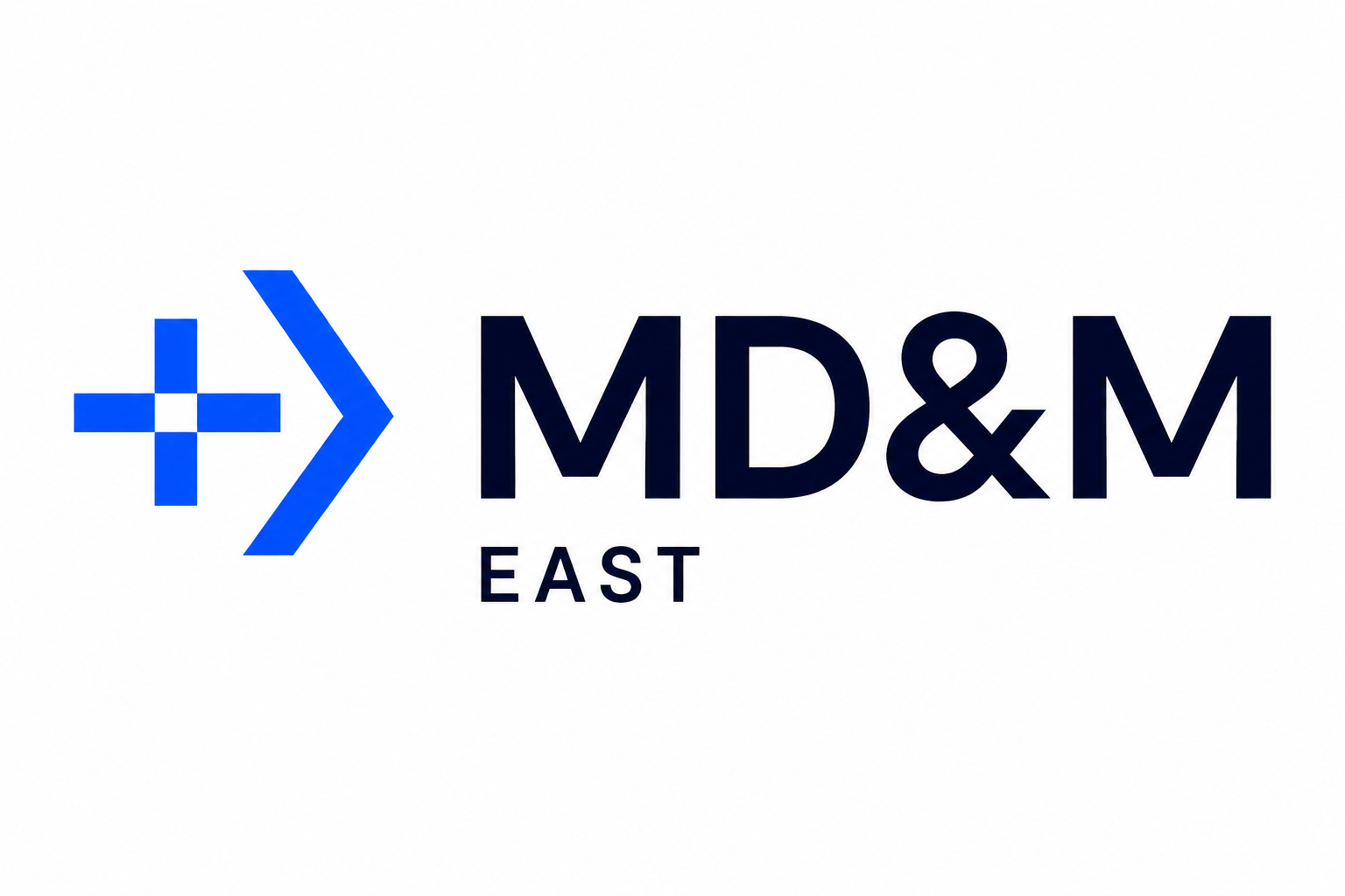 Logo of MD&M East with a blue plus sign and text.
