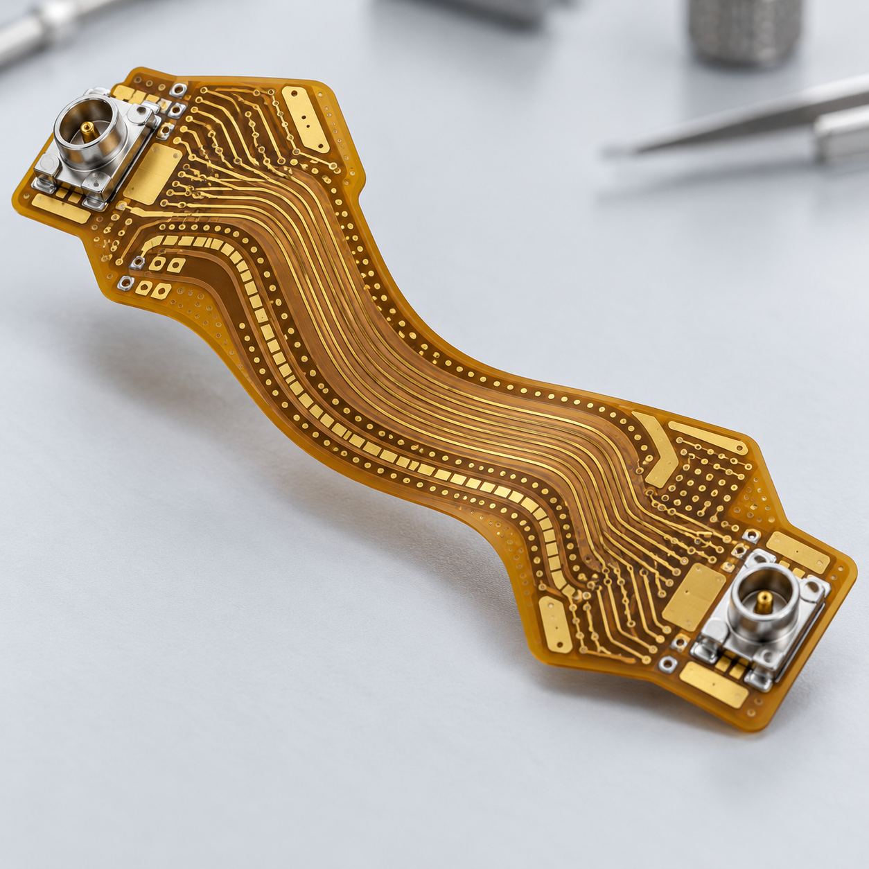 Illustration of a densely routed flex circuit with two RF coaxial connectors.