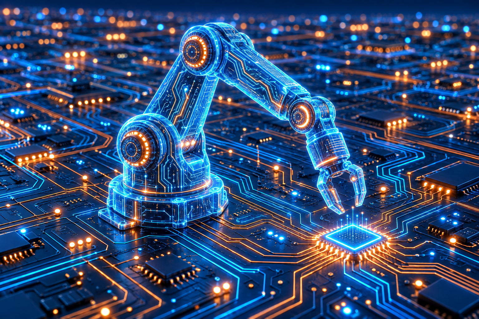Futuristic robotic arm with glowing blue and orange circuitry, representing industrial electronics and automation.