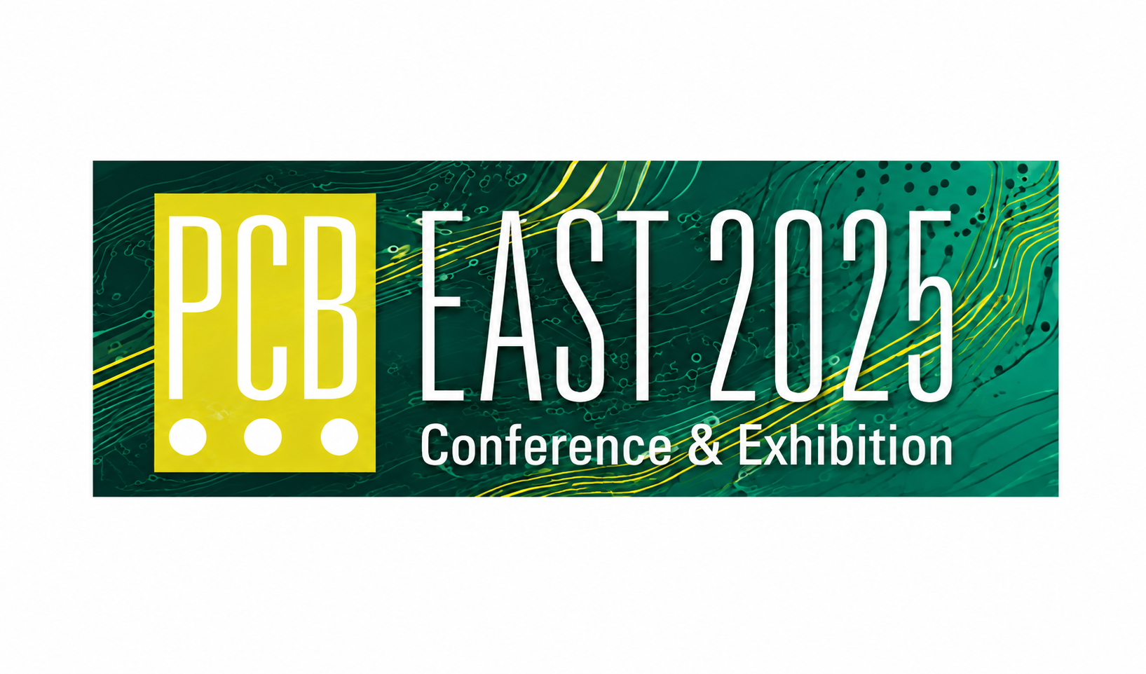 Logo for PCB East 2025 Conference & Exhibition with green and yellow design elements.